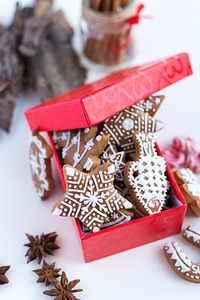Traditional Christmas gingerbreads in a red paper box