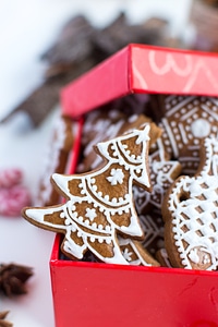 Traditional Christmas gingerbreads in a red paper box photo