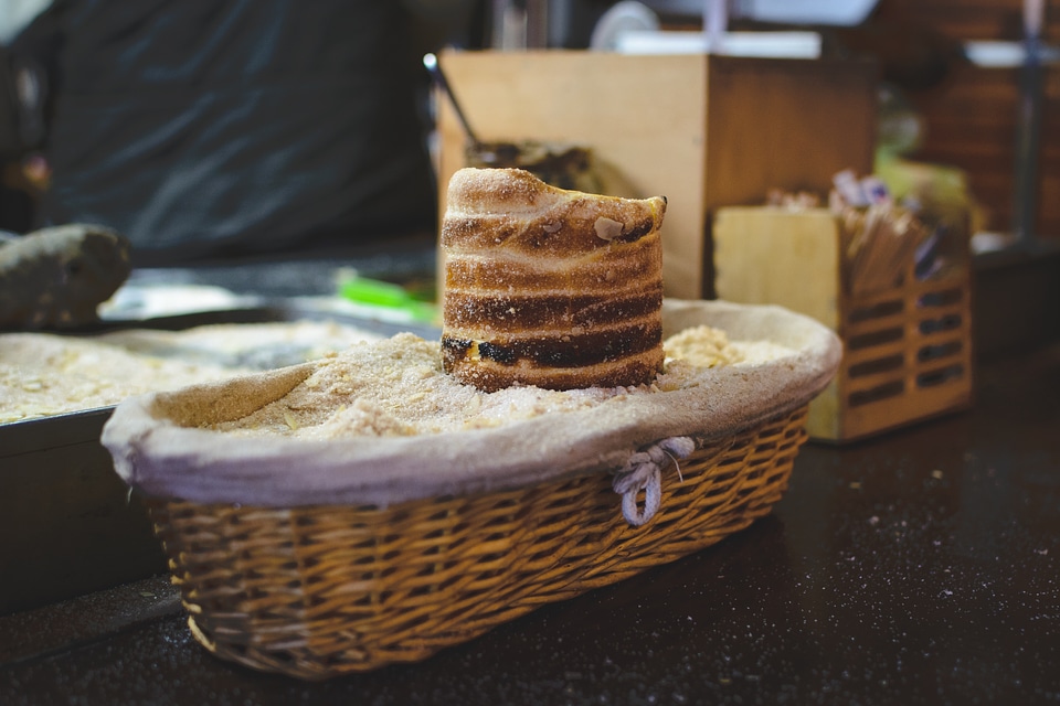 Traditional Czech Trdelnik sweet pastry at Prague Christmas market