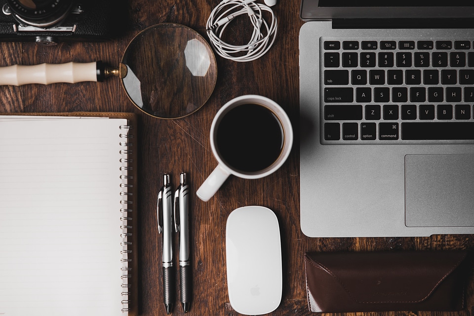 Vintage Wooden Desk Workplace Flatlay photo