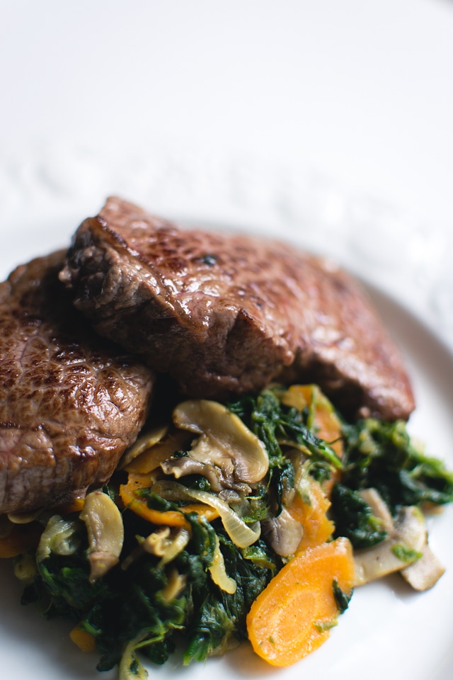 Close View of Beef Steak with Spinach