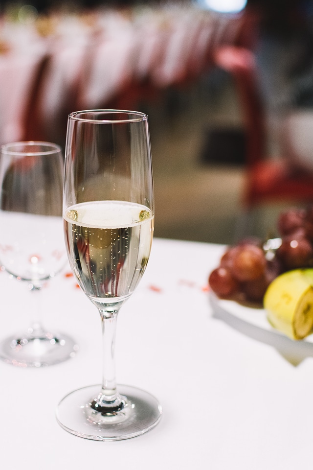 A glass of champagne on a wedding celebration party
