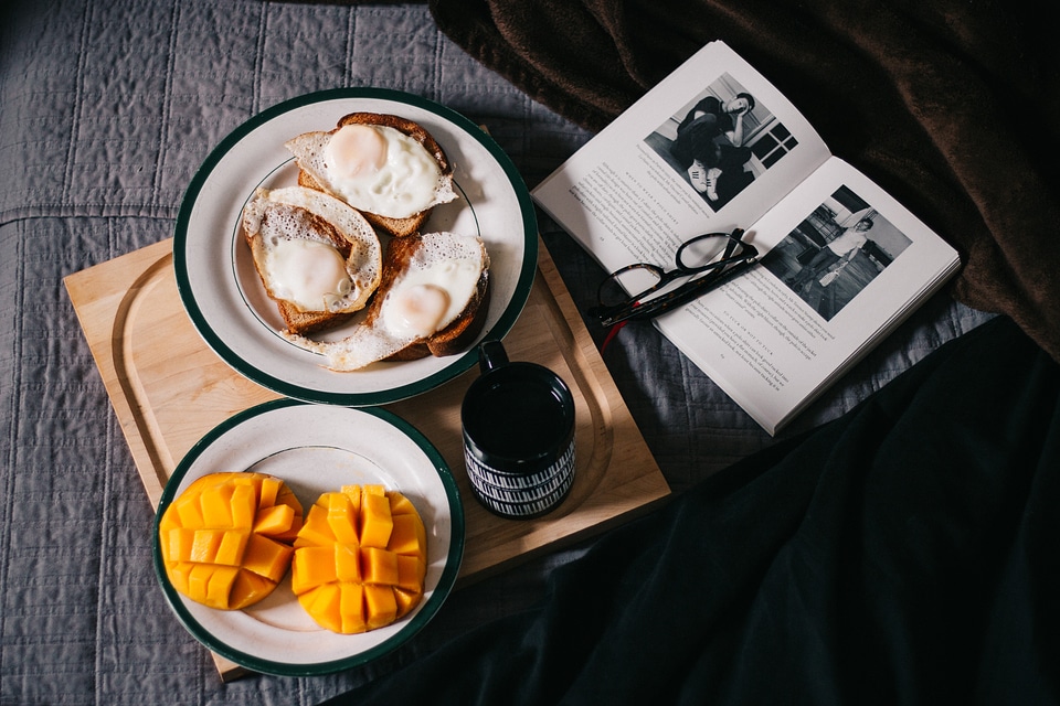 Book and Breakfast on the Wood Tray in Bed photo