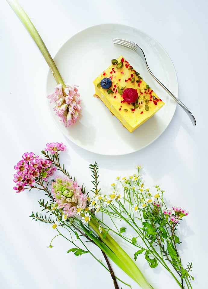 Slice of Cheesecake Decorated with Fruits Surrounded by Flowers on White Table photo