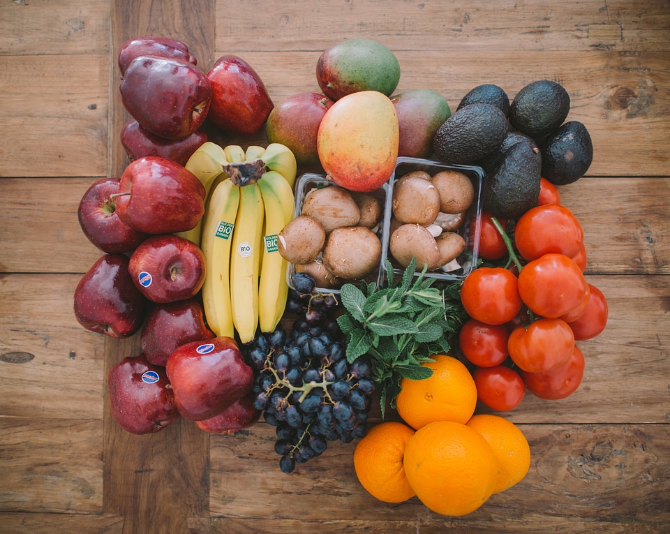 Fruits and Vegetables on Wood Table
