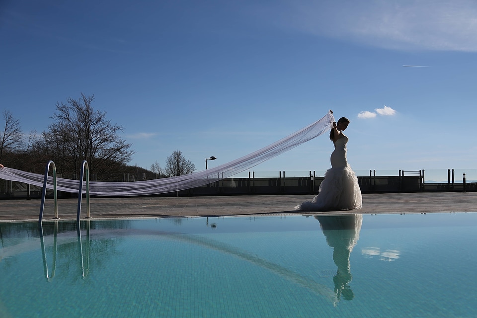 Swimming Pool bride walking