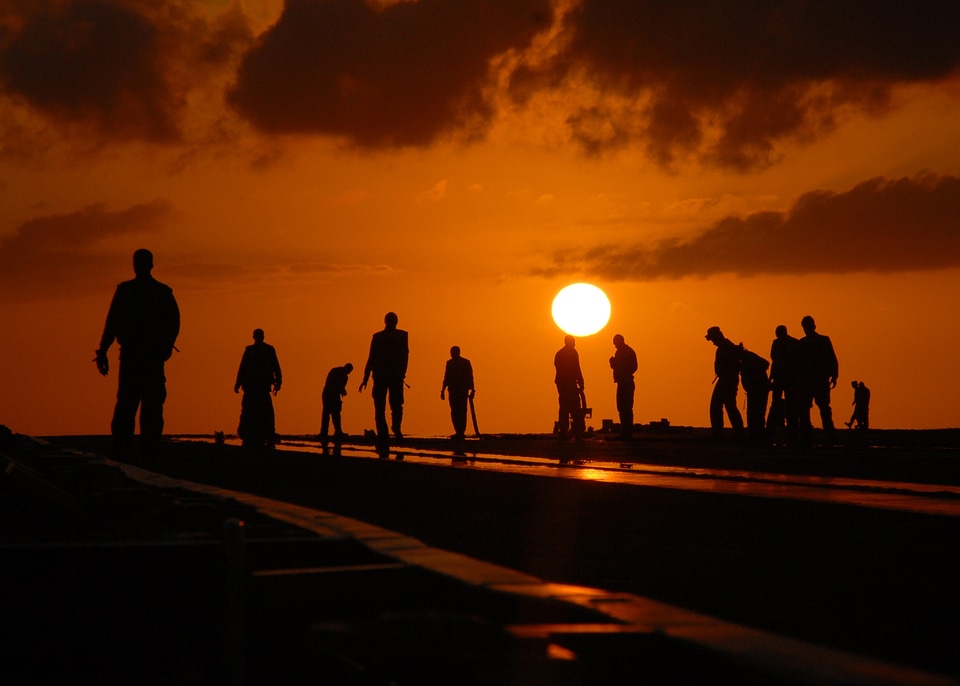 Dusk flight deck aircraft carrier