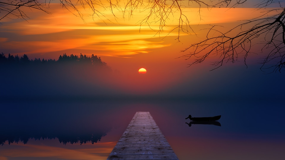 Pier at the Lake at Sunset photo