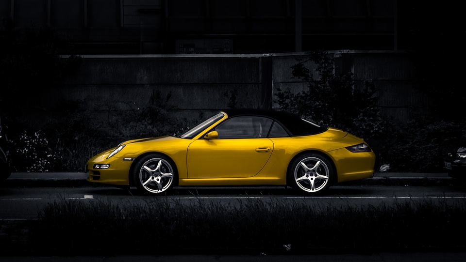 Yellow Porsche on Dark Background, Expensive Car