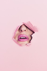 Pink Portrait Woman with Open Mouth photo