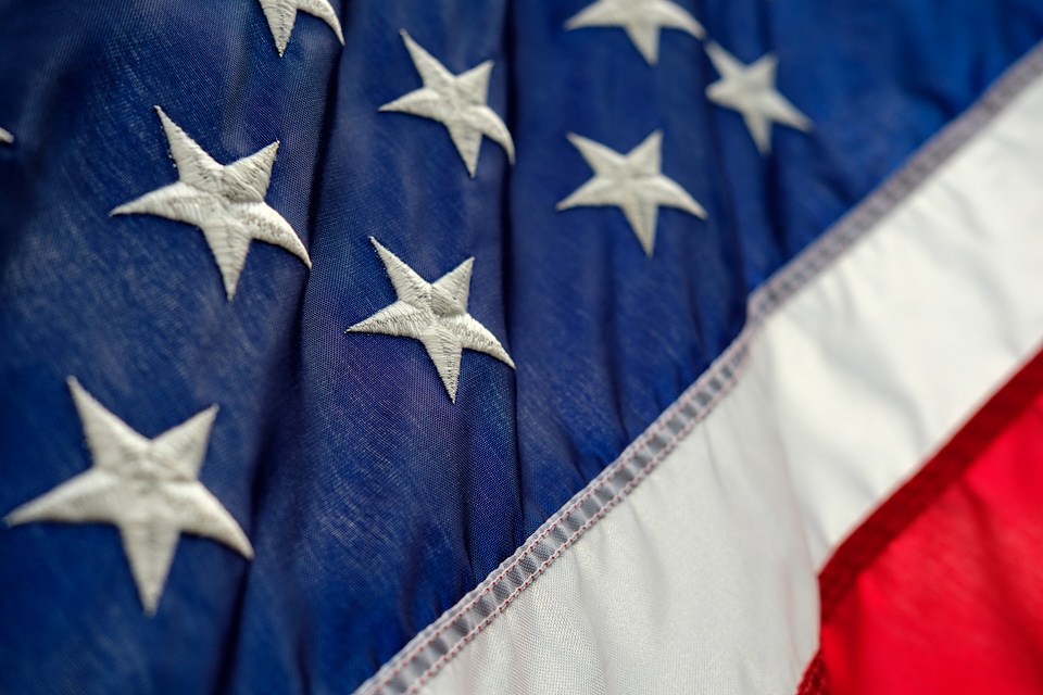 Closeup of Rippled Hand Embroidered American Flag