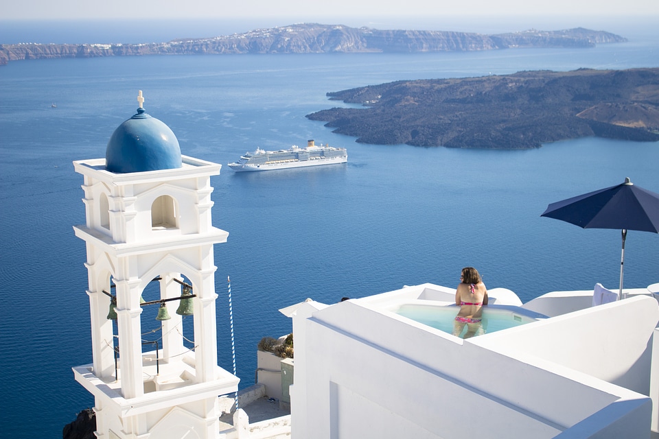 Blue and White Belfry of Imerovigli Village on Santorini Island, Greece