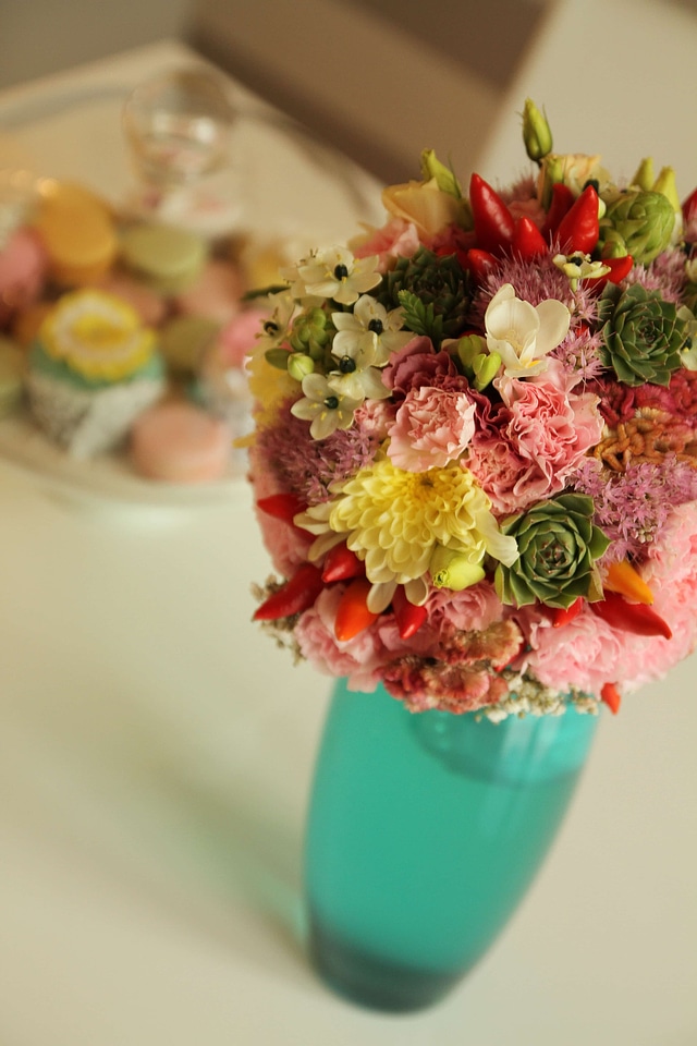 Bouquet colorful dining area photo