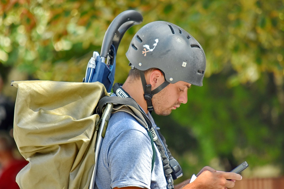 Backpacker helmet man