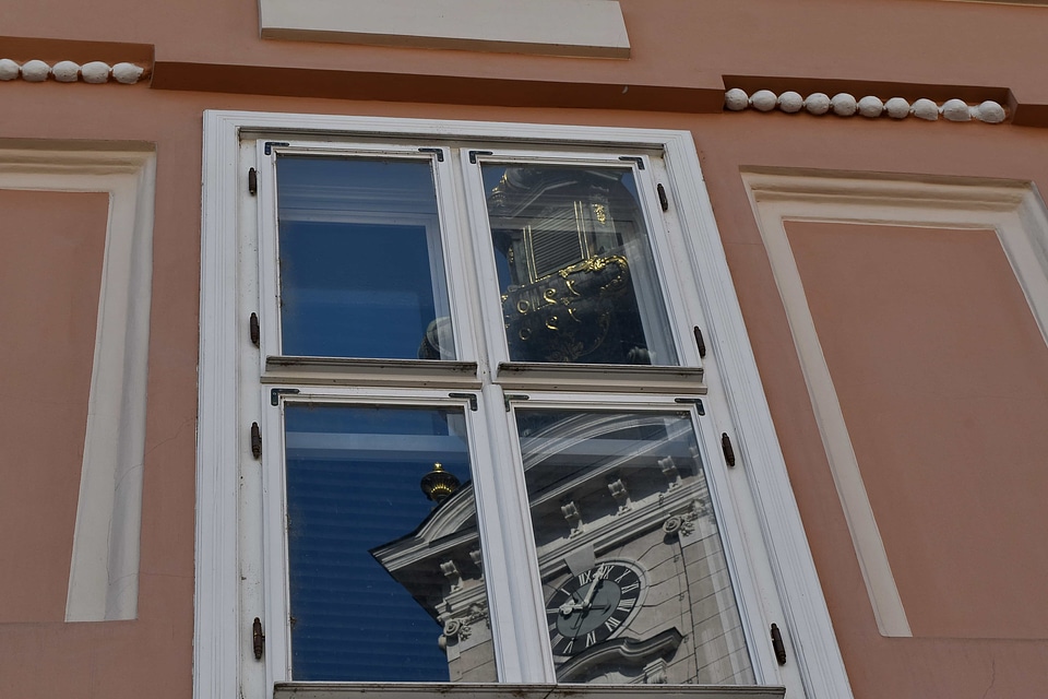 Baroque church tower reflection