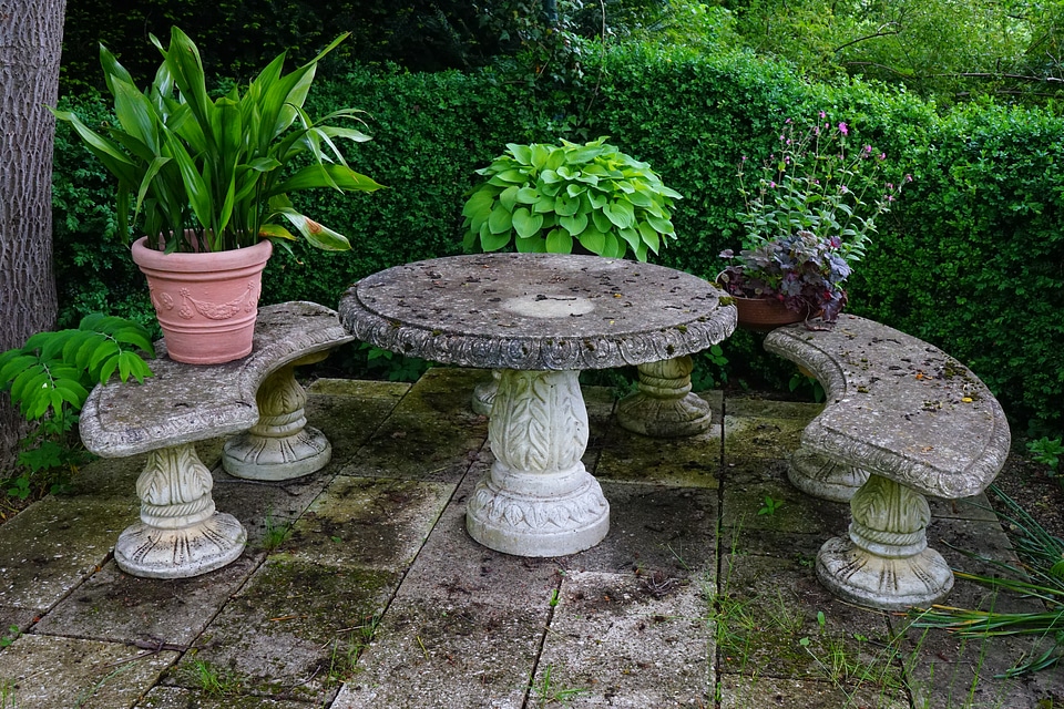 Stone table bench garden