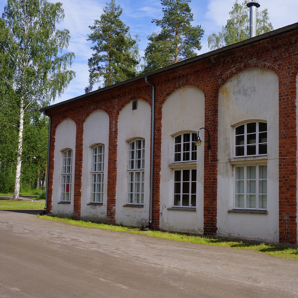 Large windows small window panes brick wall