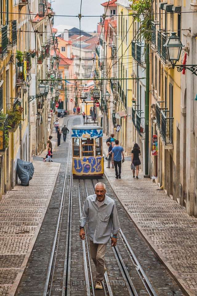 Romantic Lisbon street with the typical yellow tram