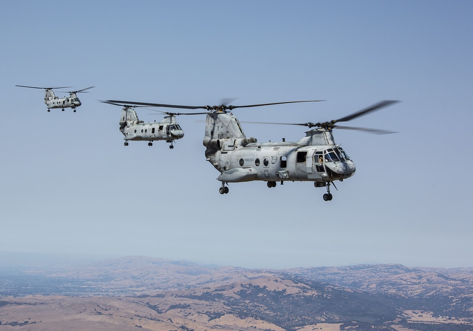 Three CH-46E Sea Knights with Marine Squadron 2