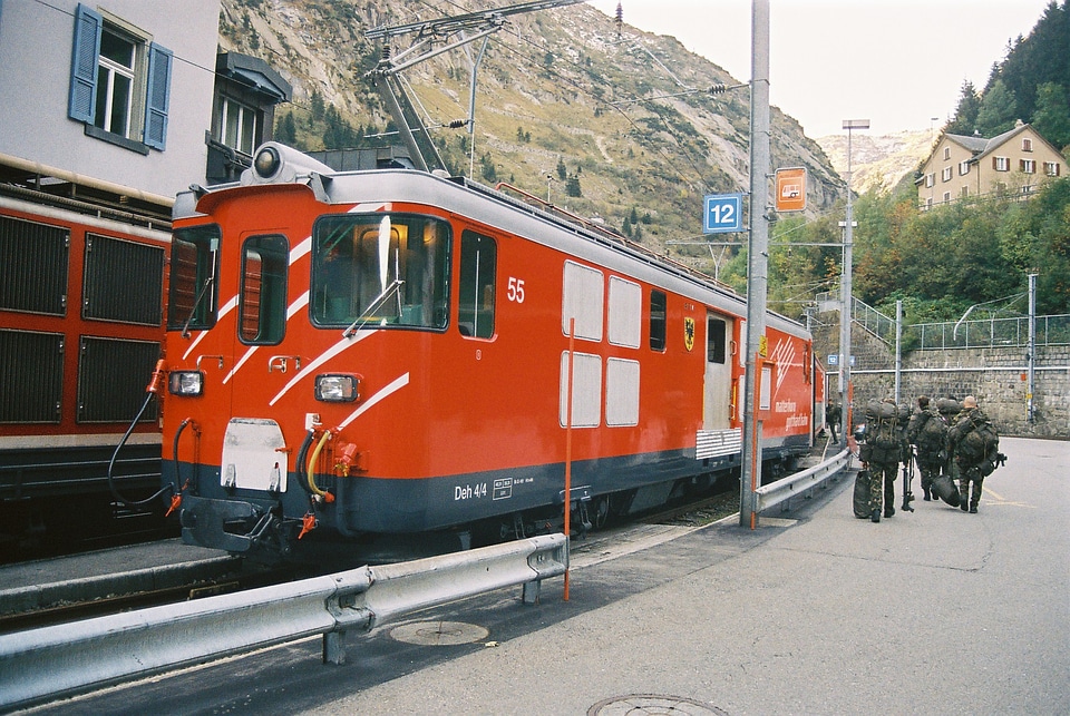 Locomotive of the train at the station in Disentis