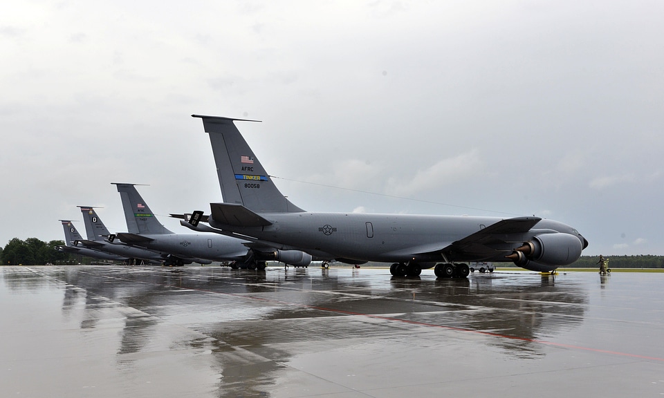Four KC-135 Stratotankers await a mission on the flightline
