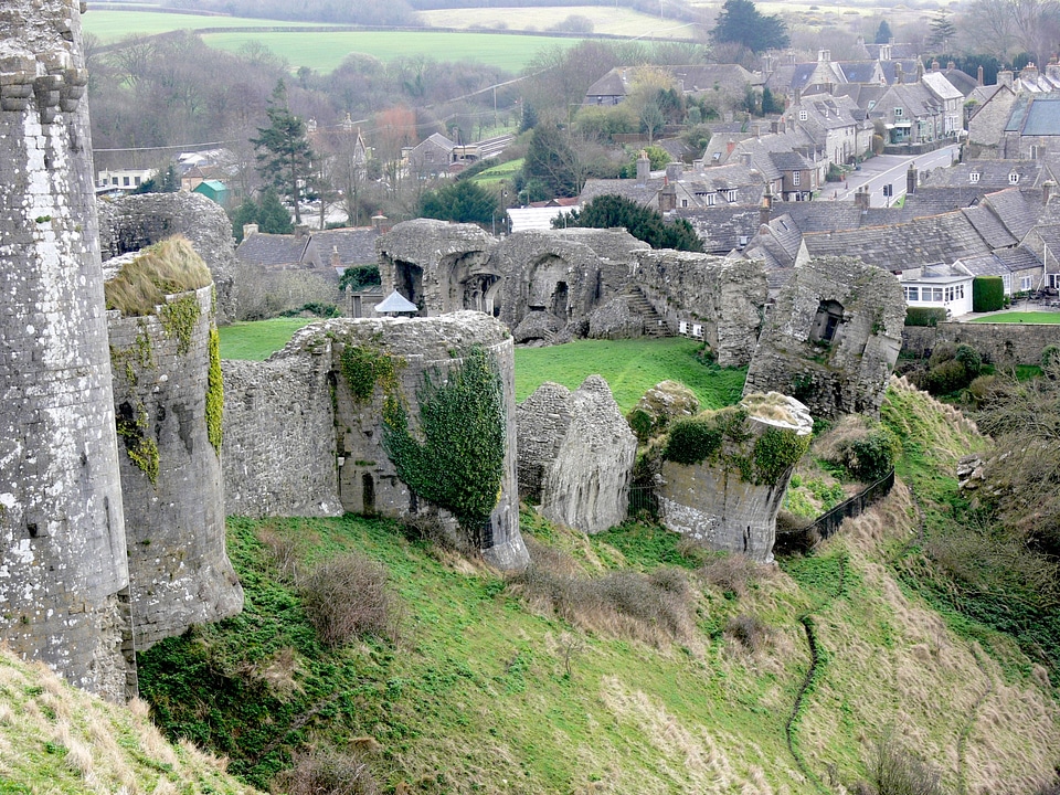 Ruins of Corfe Castle with village of Corfe
