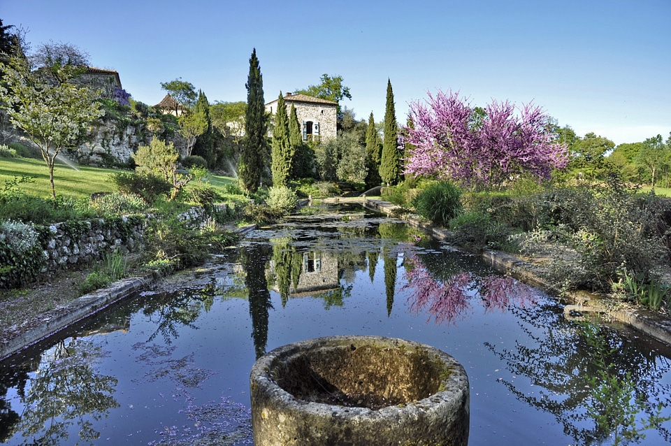 Outdoor landscape garden with pond