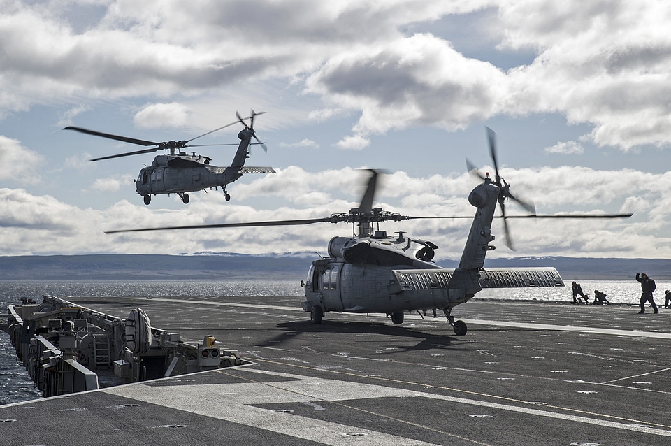 An MH-60S Sea Hawk helicopter takes off