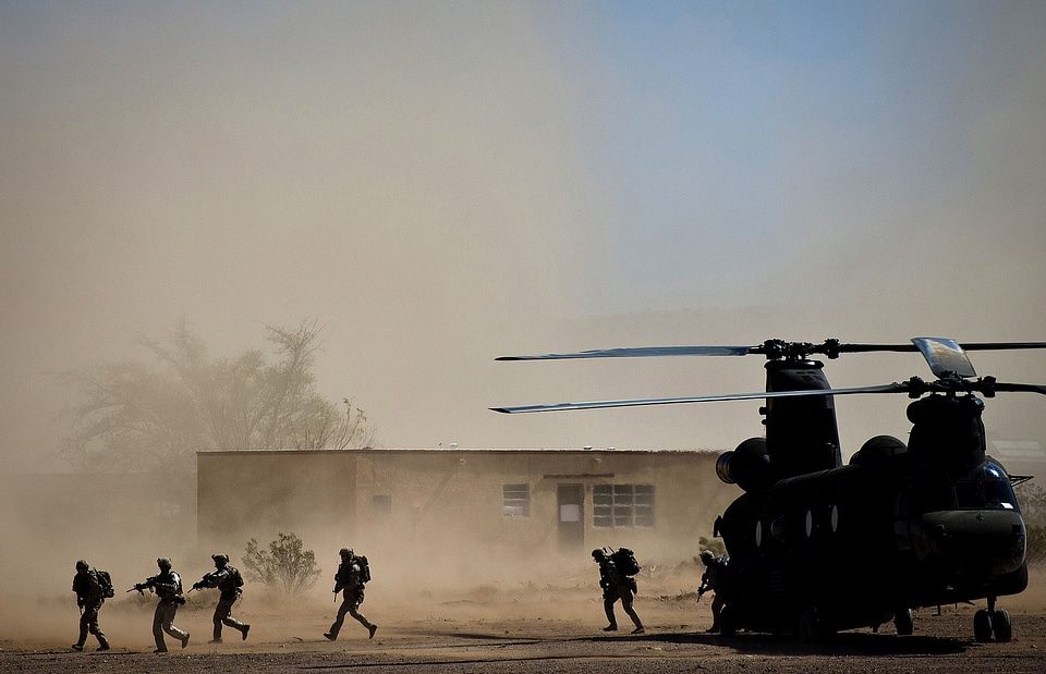 a CH-47 Chinook during an urban environment warfare exercise