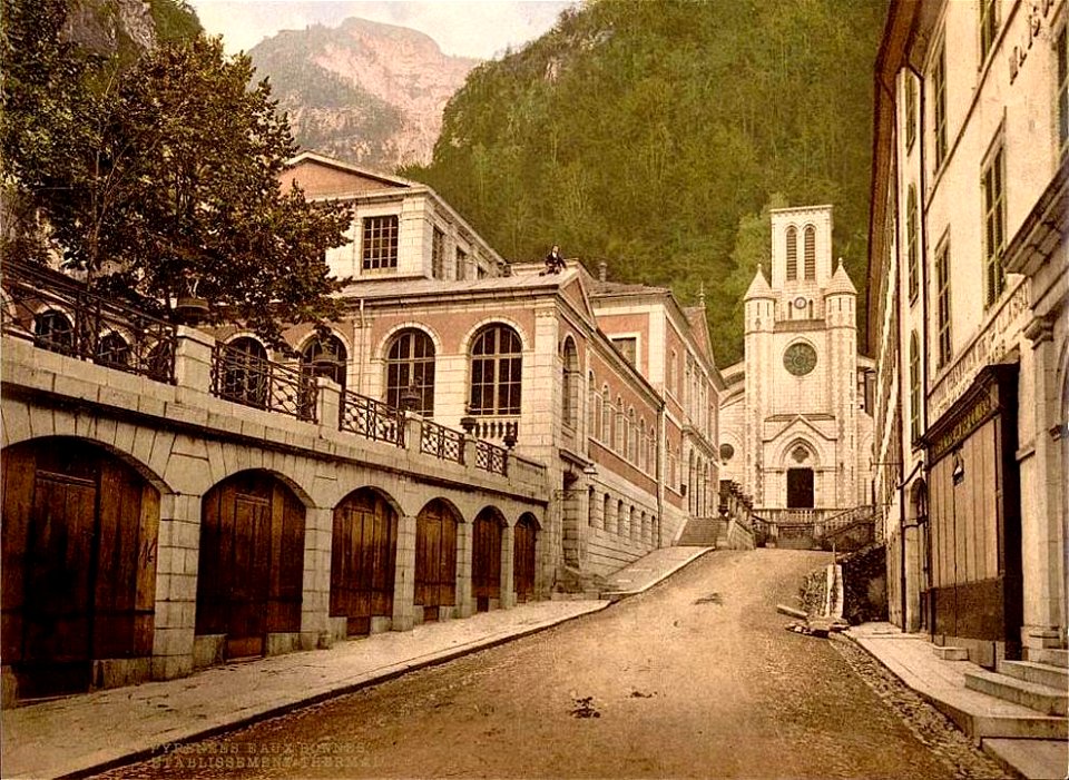Eaux-Bonnes.Établissement thermal.Église Saint-Jean-Baptiste d'Eaux-Bonnes.1890.Carte postale colorisée