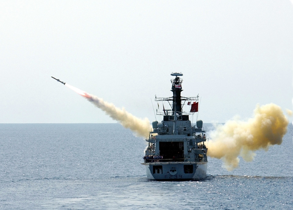 British frigate HMS Richmond launches an AGM-84A Harpoon