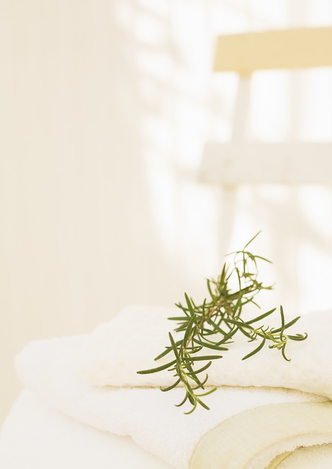 Branches of rosemary and white towels