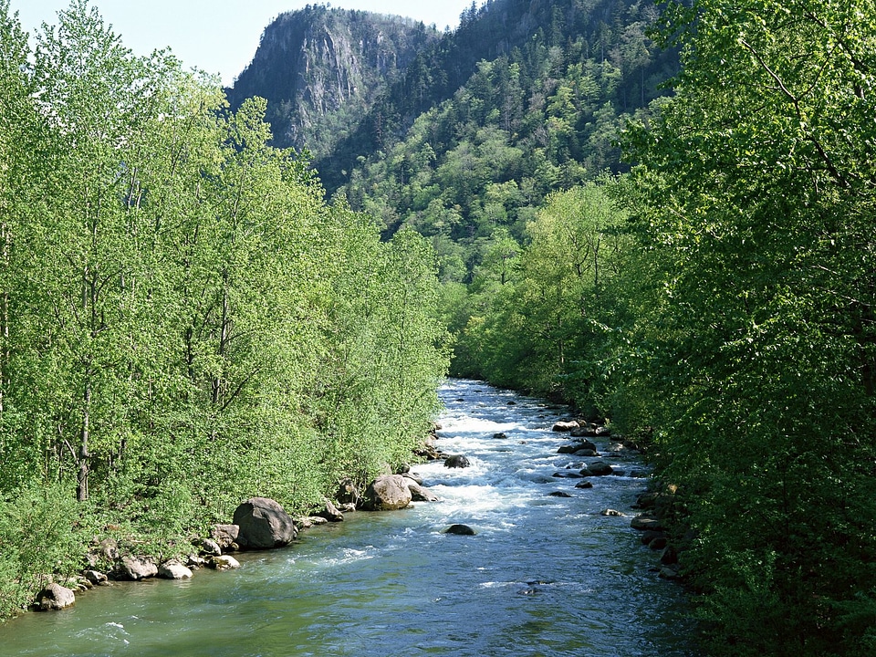 Mountain, river with blue sky