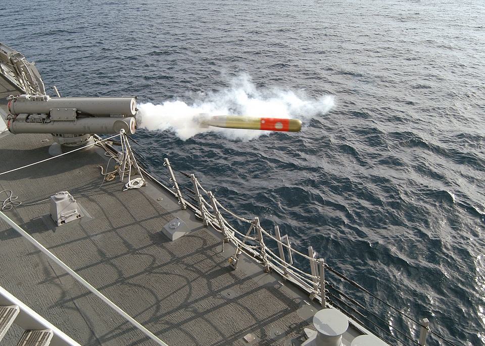 A MK-32 Mod 15 Surface Vessel Torpedo Tube fires