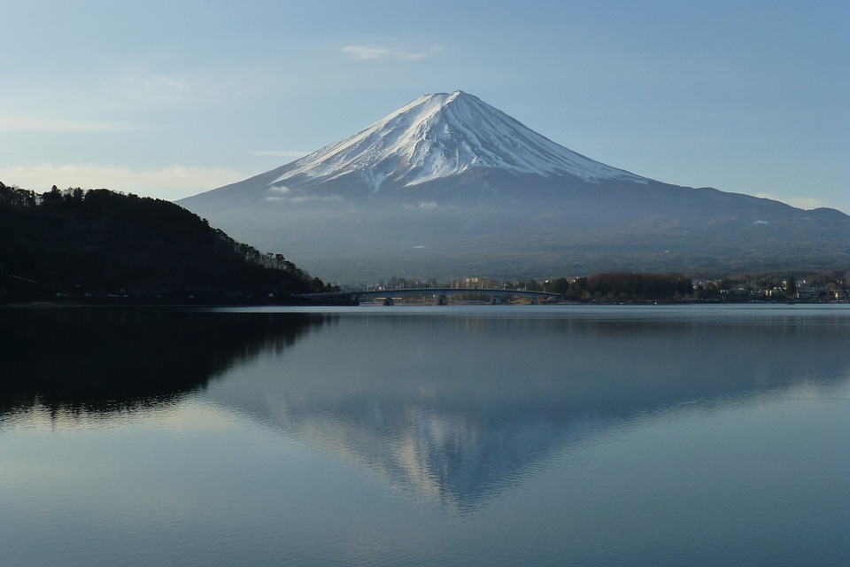 Mount Fuji reflected in Lake Kawaguchi at dawn