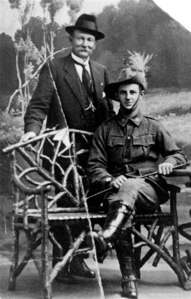 Seated Australian Light Horseman, with an older man (possibly his father), standing behind him. [1914-1918]