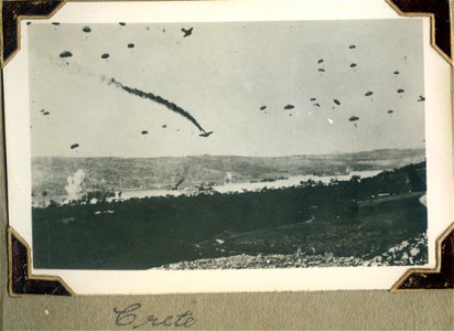 Plane shot down, paratroops landing, Crete photo