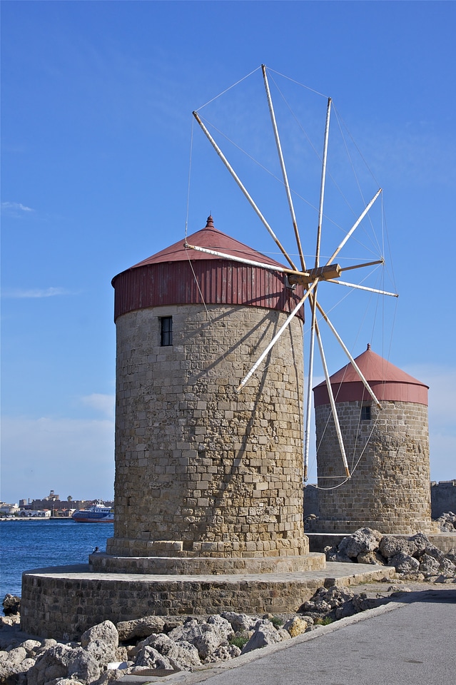 Windmill on the harbour of Rhodes, Greece