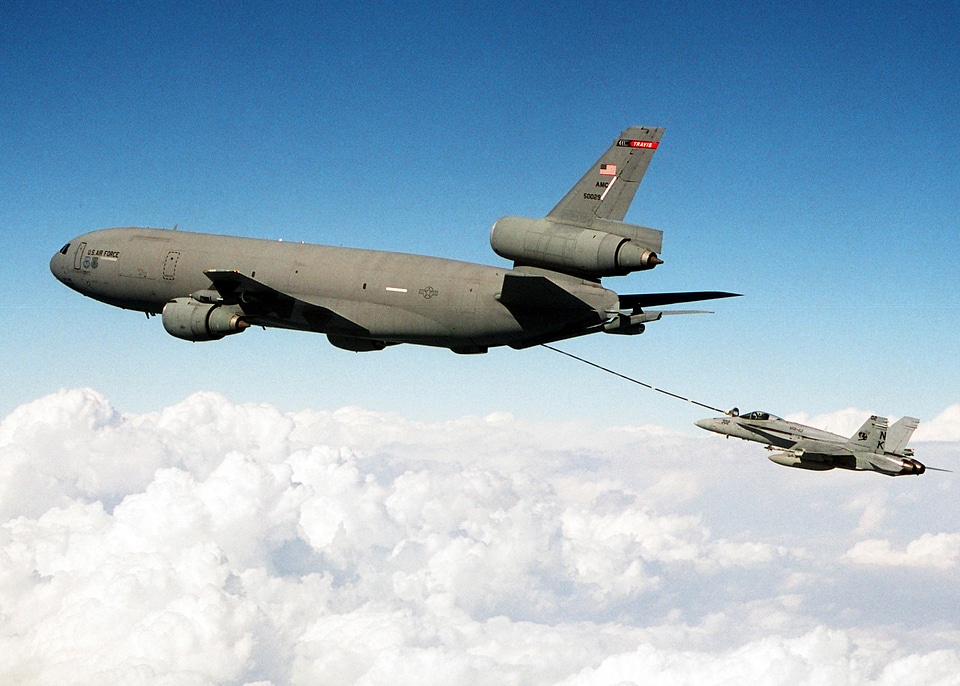 A United States Air Force KC-10 Extender refuels a F/A-18C Hornet