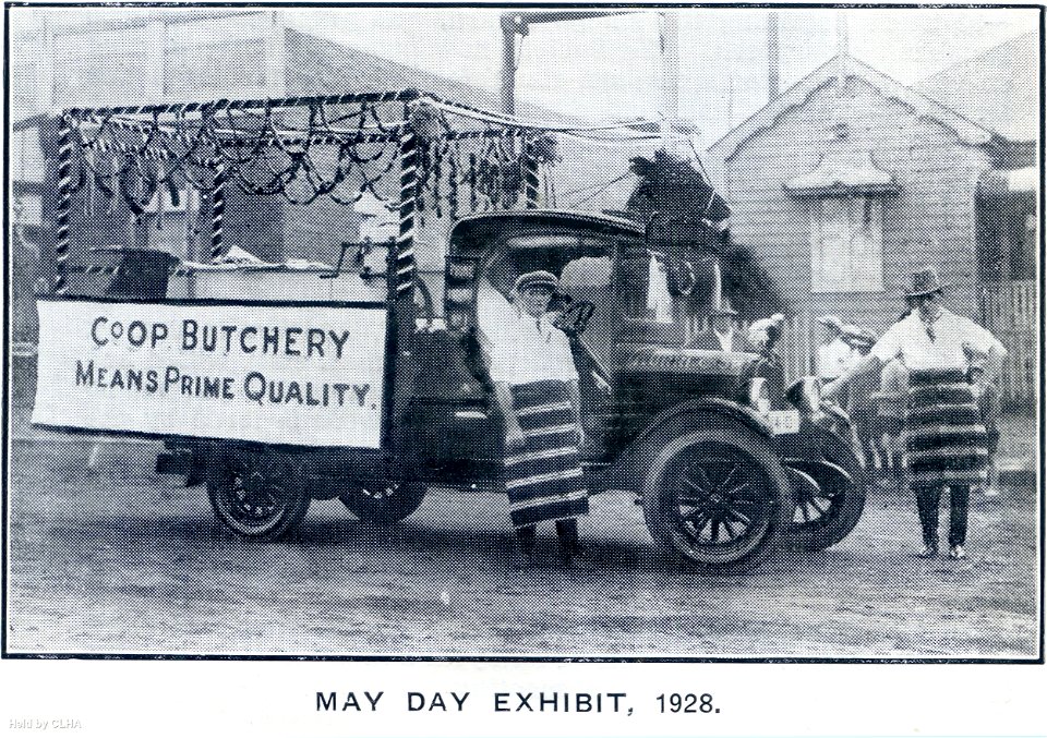 Kurri Kurri Co-operative Society Butchery May Day exhibit, 1928. "Co-op Butchery means prime quality."