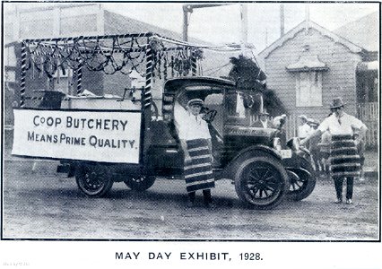 Kurri Kurri Co-operative Society Butchery May Day exhibit, 1928. "Co-op Butchery means prime quality."