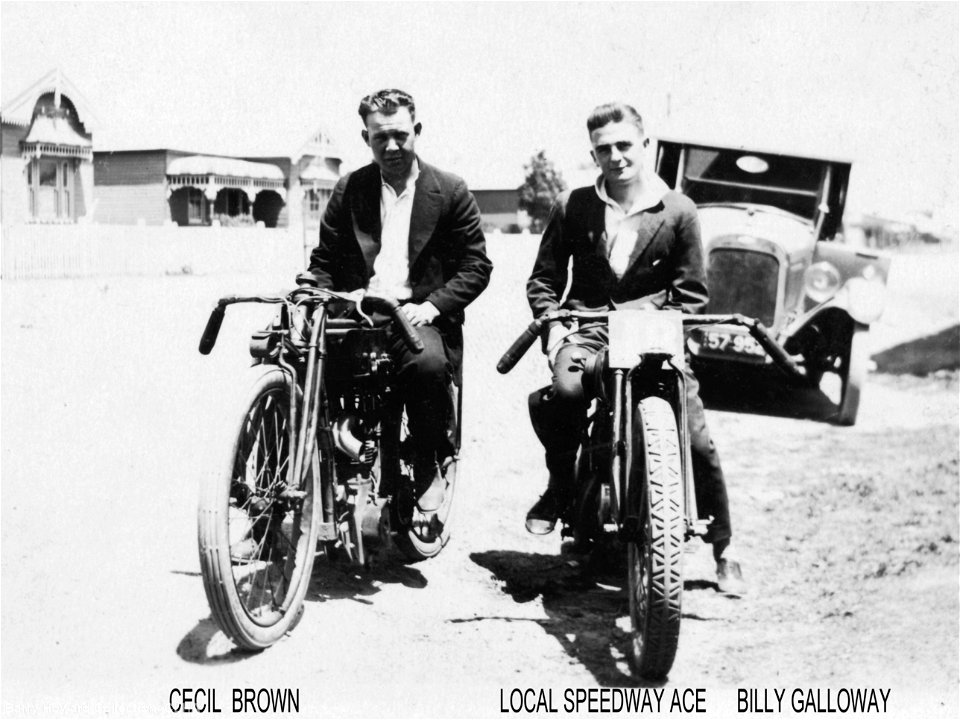 Cecil Brown and Billy Galloway astride their motorcyles, [1925]