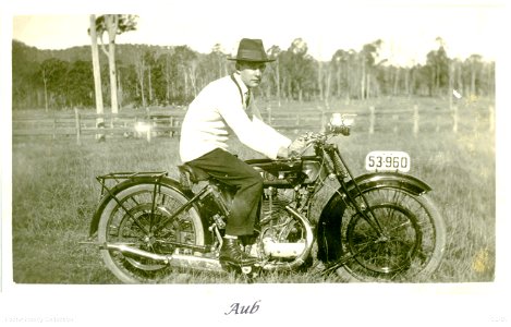 Aubrey Foster astride his BSA motorcycle, [n.d.] photo