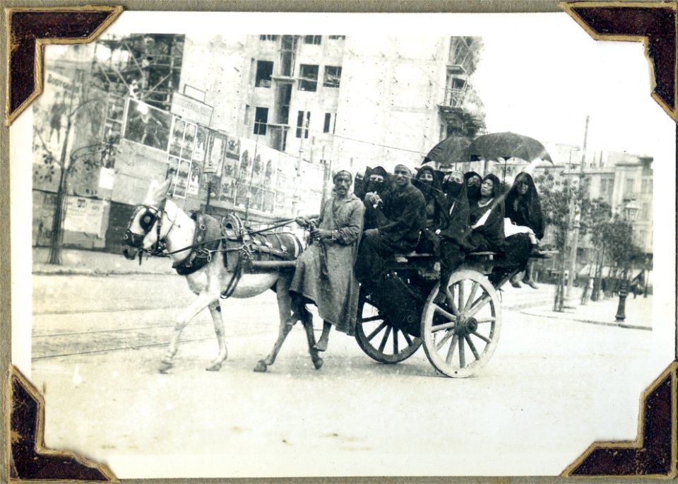 North African and his wives on a wagon drawn by a [mule]