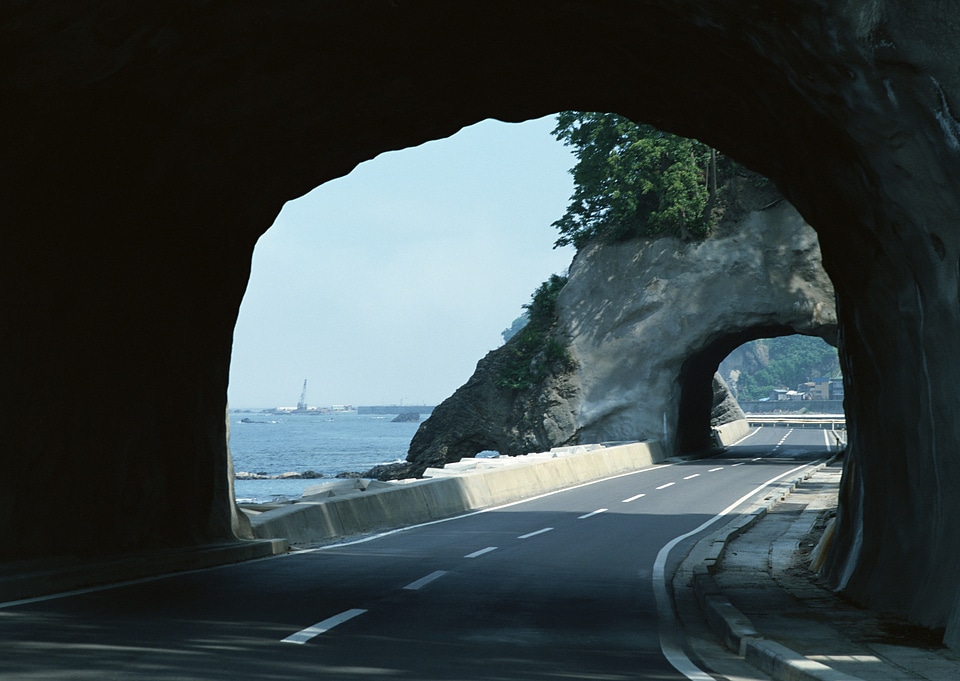 Coastal road with a tunnel in Japan