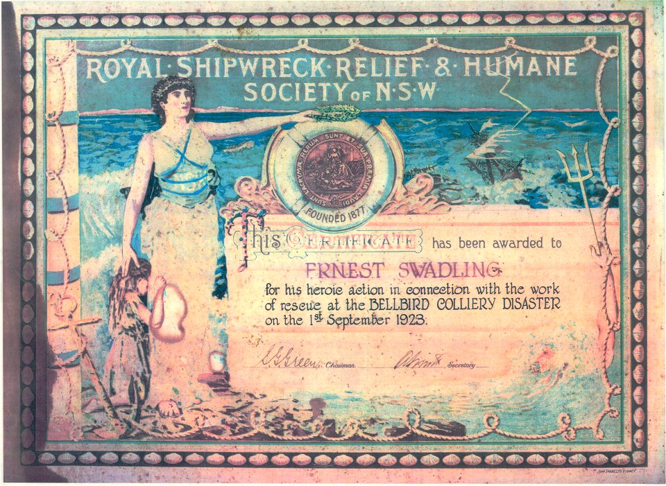 Royal Shipwreck Relief & Humane Society of NSW Certificate of Heroism for actions by Ernest Swadling in the Bellbird Colliery Disaster, 1 September 1923