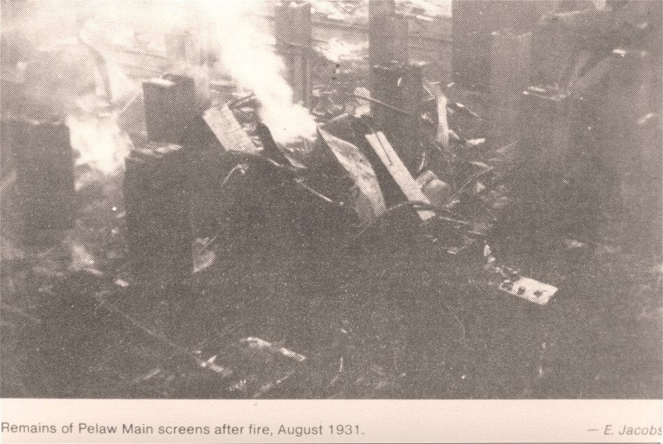 Remains of Pelaw Main screens after fire, August 1931