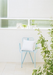 Modern interior with chair and plant.
