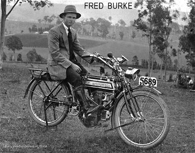 Fred Burke astride his Speedwell motorcycle, [1924]