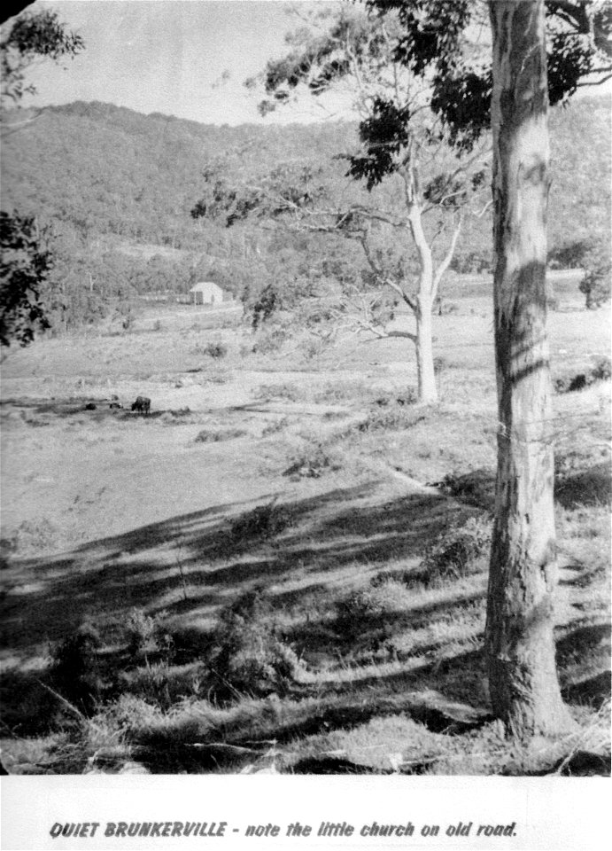 Quiet Brunkerville, NSW. Note the little church on old road. (Duplicate)